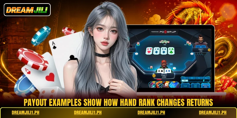 Payout examples show how hand rank changes returns